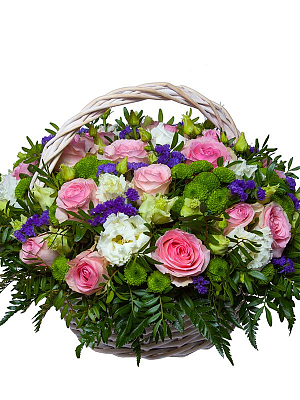 картинка, фото Корзинка с розами, сантини и герберами от MarketFlowers.ru